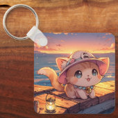 Cute Chibi Kitten at the Harbor Sunset – Whimsical Schlüsselanhänger (Vorderseite)