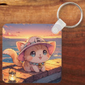 Cute Chibi Kitten at the Harbor Sunset – Whimsical Schlüsselanhänger (Rückseite)
