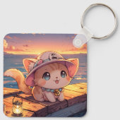 Cute Chibi Kitten at the Harbor Sunset – Whimsical Schlüsselanhänger (Rückseite)