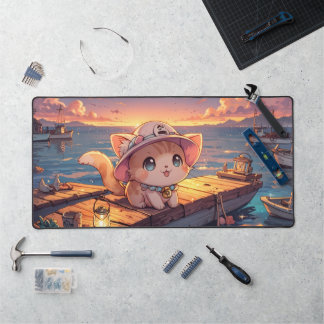 Cute Chibi Kitten at the Harbor Sunset – Whimsical Schreibtischunterlage