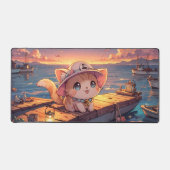 Cute Chibi Kitten at the Harbor Sunset – Whimsical Schreibtischunterlage (Vorderseite)