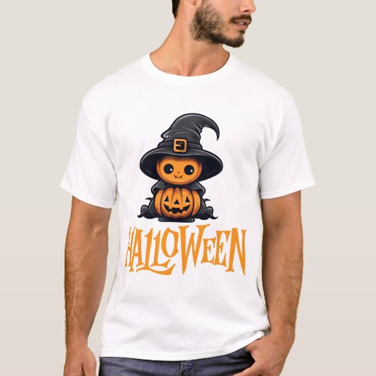 Cute Chibi Pumpkin Witch Hat Halloween Graphic T-Shirt (Vorderseite)