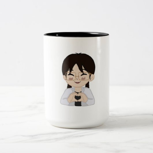Cute Chibi Self-Portrait with Heart Hands Mug  Zweifarbige Tasse (Mittel)