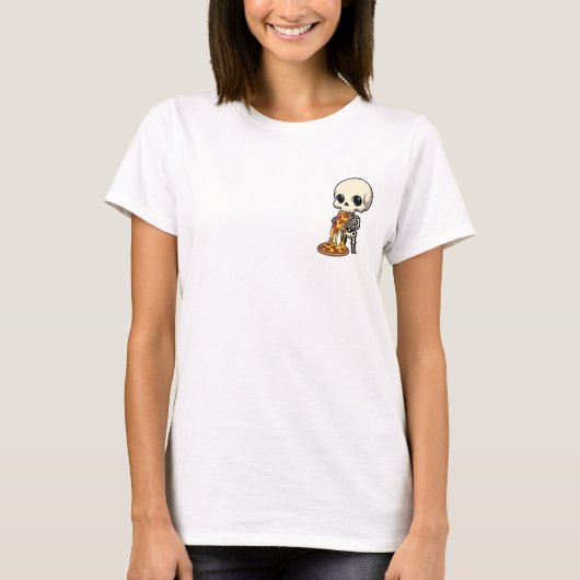 Cute Chibi Skeleton Devouring Cheesy Pepperoni T-Shirt (Vorderseite)