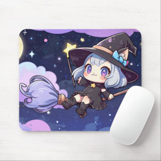 Cute Chibi Witch Flying in the Night Sky – Whimsic Mousepad