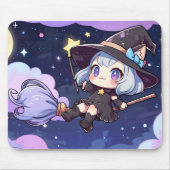 Cute Chibi Witch Flying in the Night Sky – Whimsic Mousepad (Vorne)