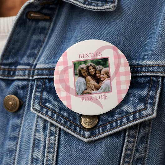 Cute Chic Pink Check Photo Besties Galentine's Day Button