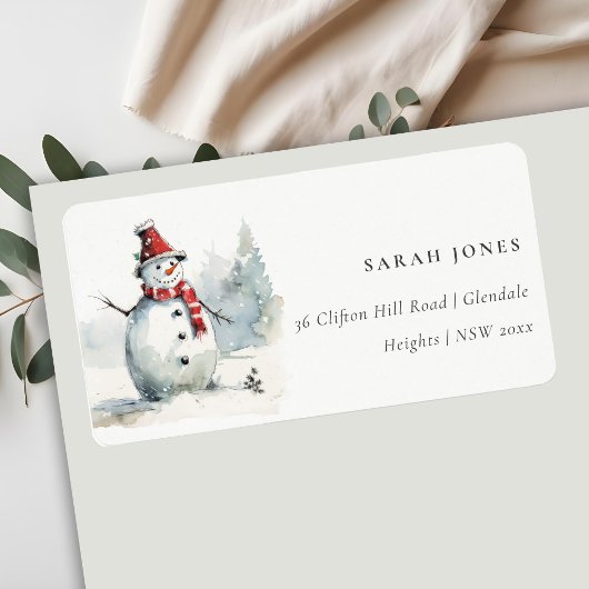Cute Chic Watercolor Snowman Christmas Address Adressaufkleber