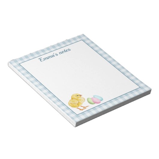 Cute Chick And Pastel Eggs On Blue Gingham Easter Notizblock (angewinkelt)