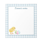 Cute Chick And Pastel Eggs On Blue Gingham Easter Notizblock (Vorderseite)