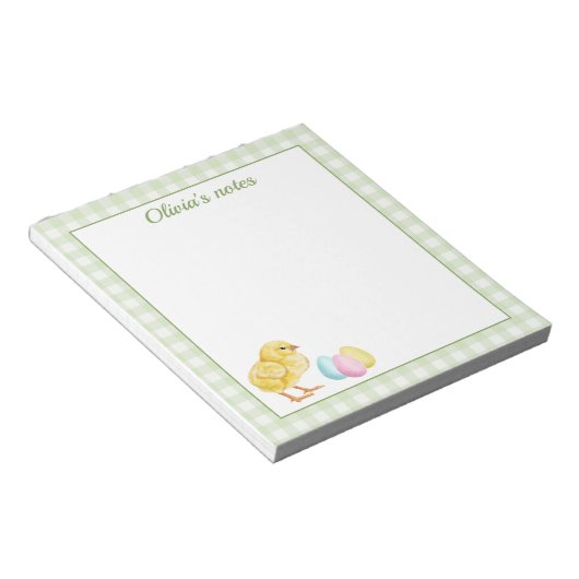 Cute Chick And Pastel Eggs On Green Gingham Easter Notizblock (angewinkelt)