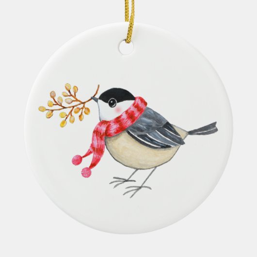 Cute Chickadee with Golden Sprig Personalized name Keramik Ornament (Vorne)