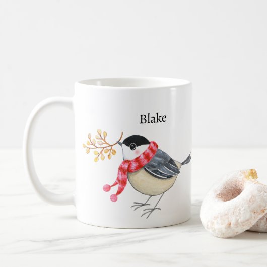 Cute Chickadee with Scarf Bringing Gift Custom Kaffeetasse (Mit Donut)