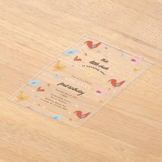 Cute Chickens Hens and Chick Girl First Birthday Acryleinladungen (Ablage )
