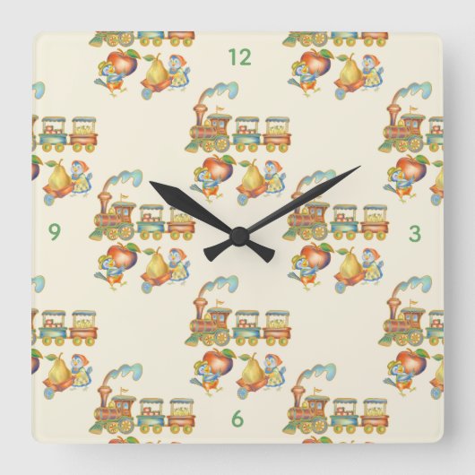 Cute Child's Bird Apple Train Clock Quadratische Wanduhr (Vorderseite)