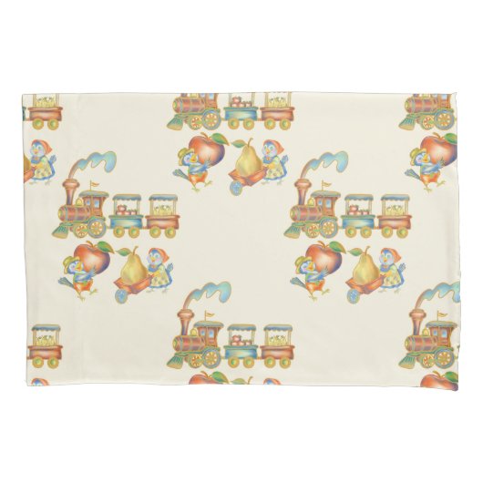 Cute Child's Bird Apple Train Pillowcase Kissenbezug (Vorderseite)