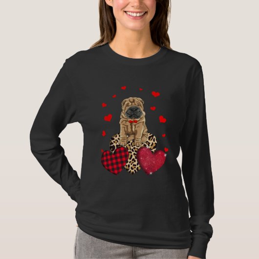 Cute Chinese Shar Pei With Leopard Red Plaid Heart T-Shirt (Vorderseite)