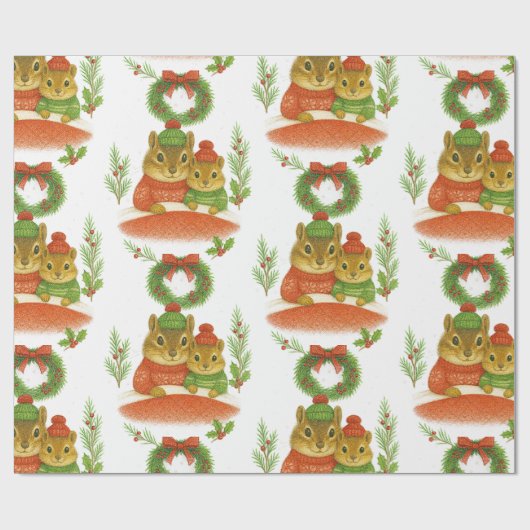 Cute Chipmunk with Pine Christmas Geschenkpapier (Flach)