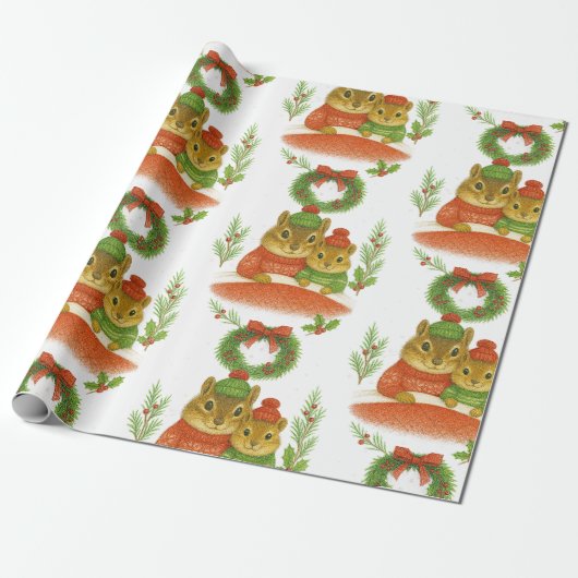 Cute Chipmunk with Pine Christmas Geschenkpapier (Ungerollt)