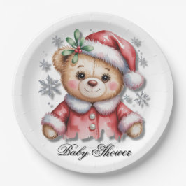Cute Christmas Bear and Snowflakes Pappteller