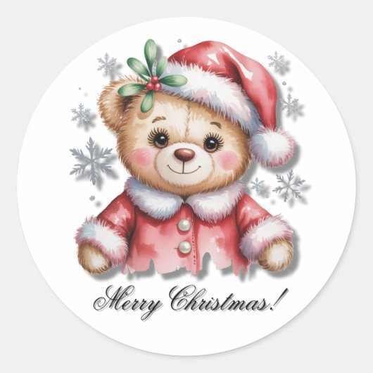 Cute Christmas Bear and Snowflakes Runder Aufkleber (Vorderseite)