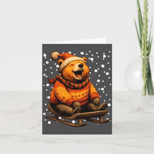 Cute Christmas Bear Sledding In Snow Funny Winter  Karte (Vorderseite)