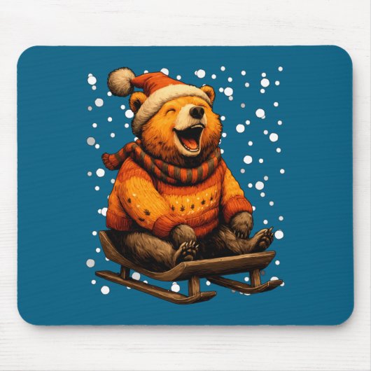 Cute Christmas Bear Sledding In Snow Funny Winter  Mousepad (Vorne)