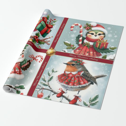 Cute Christmas Birds Wrapping Paper Geschenkpapier (Ungerollt)