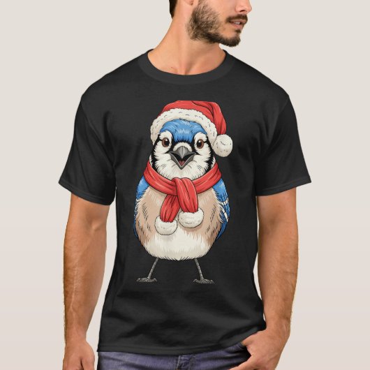 Cute Christmas Blue Jay Santa Bird Watching  T-Shirt (Vorderseite)