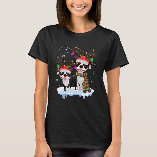 Cute Christmas Boston Terrier Santa Hats Reindeer  T-Shirt (Vorderseite)