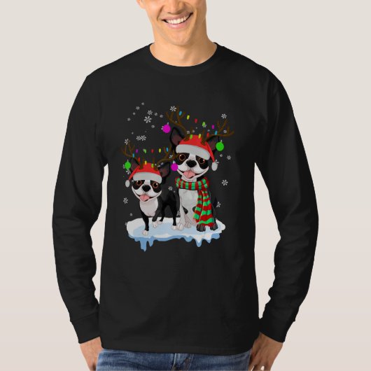 Cute Christmas Boston Terrier Santa Hats Reindeer  T-Shirt (Vorderseite)
