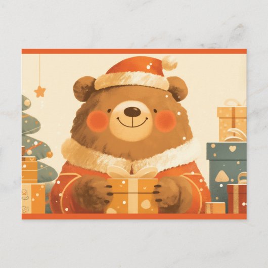 Cute Christmas Brown Bear with Gifts Postkarte (Vorderseite)