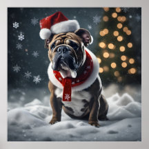 Cute Christmas Bulldog with Santa Hat in Snow