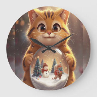 Cute Christmas Cat Holding Snow Globe Art Große Wanduhr