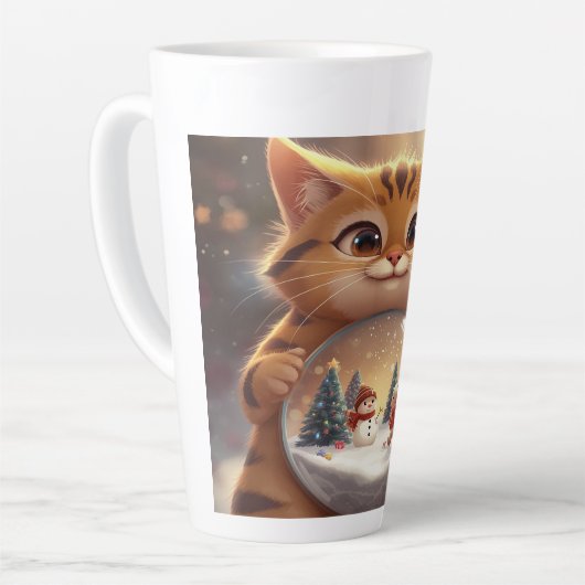 Cute Christmas Cat Holding Snow Globe Art Milchtasse (Linke Ecke)