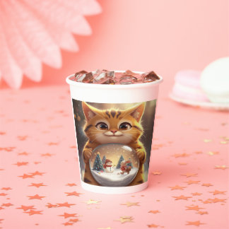 Cute Christmas Cat Holding Snow Globe Art Pappbecher