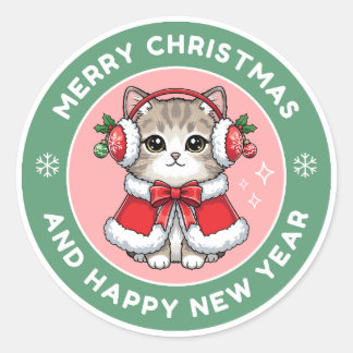 Cute Christmas Cat Sticke Runder Aufkleber