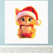 **Cute Christmas Cat with Santa Hat – Funny Holida Leinwanddruck (Insitu (Holzboden))
