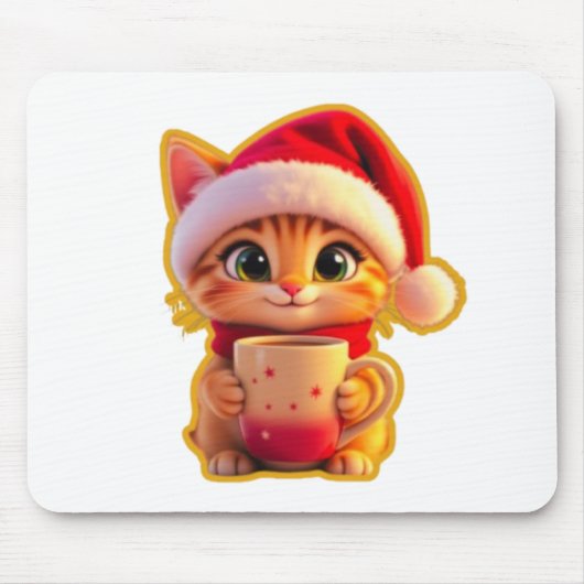 **Cute Christmas Cat with Santa Hat – Funny Holida Mousepad (Vorne)