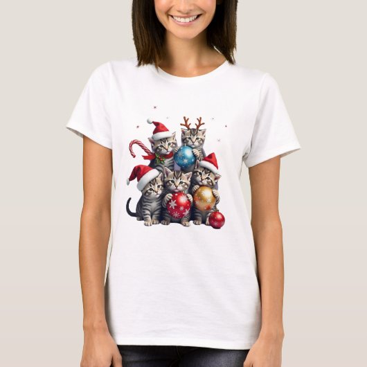 Cute Christmas Cats In Space Ornaments T-Shirt (Vorderseite)
