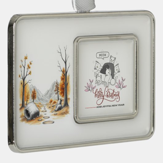 Cute Christmas Cats “Meow” Holiday Design Rahmen-Ornament Silber (Rechts)