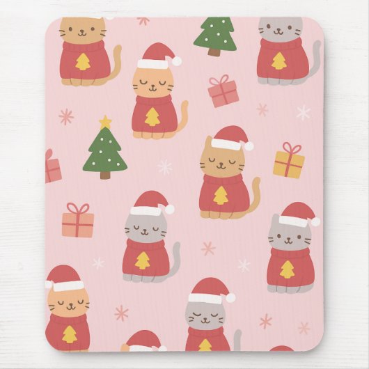 Cute Christmas Cats Pattern – Pink Holiday Design Mousepad (Vorne)