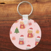 Cute Christmas Cats Pattern – Pink Holiday Design Schlüsselanhänger (Vorderseite)