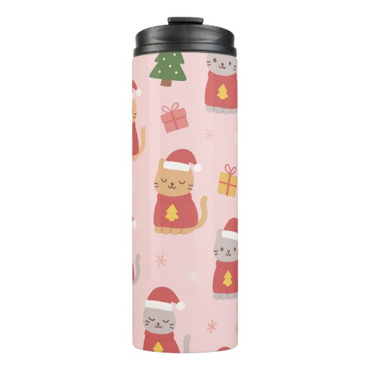 Cute Christmas Cats Pattern – Pink Holiday Design Thermosbecher (Vorderseite)