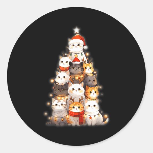 Cute Christmas Cats Tree Lights Holiday Kittens Il Runder Aufkleber (Vorderseite)