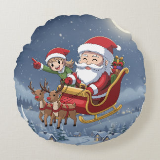 Cute Christmas Chibi Santa and Elf Round Pillow Rundes Kissen