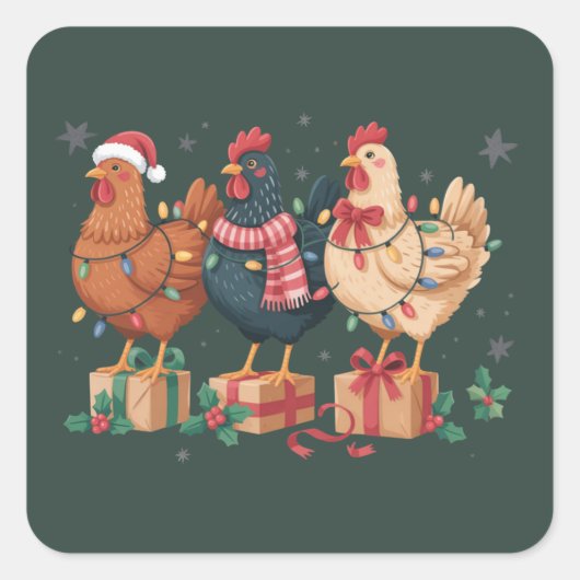 Cute Christmas Chickens Funny Holiday Farm Quadratischer Aufkleber (Vorderseite)