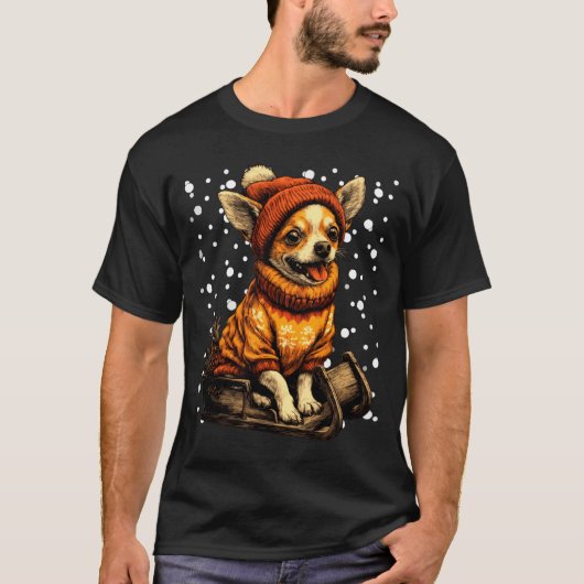 Cute Christmas Chihuahua Sledding In Snow Funny Wi T-Shirt (Vorderseite)