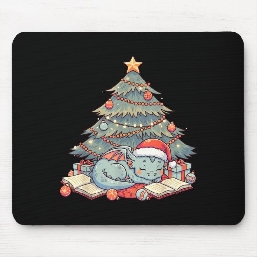 Cute Christmas Dragon Sleeng Under Tree Books Love Mousepad (Vorne)
