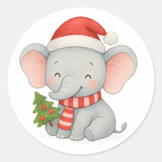 Cute Christmas Elephant with Santa Hat Runder Aufkleber (Vorderseite)